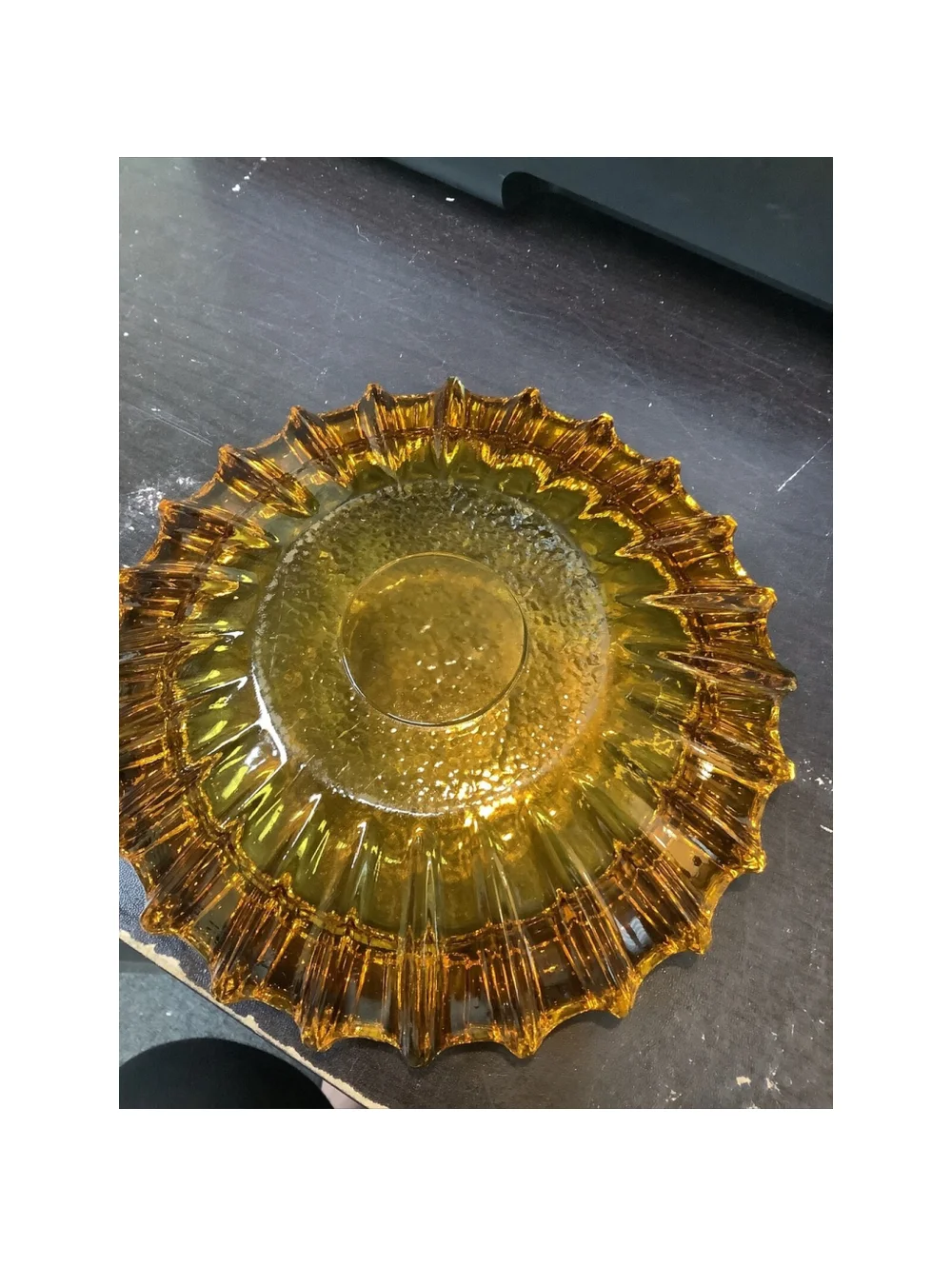 Sunburst Vintage Ashtray Large Heavy Amber Glass 7” MCM Tobacciana Cigar Pipe
